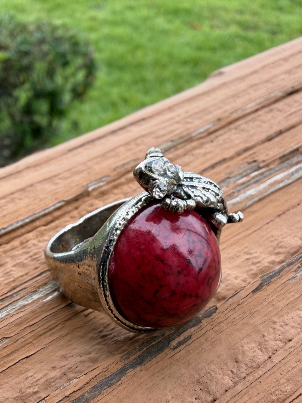 Artisan Lizard Gecko Red Resin Silver Plated Crystal Eyes Statement Ring (6.25)